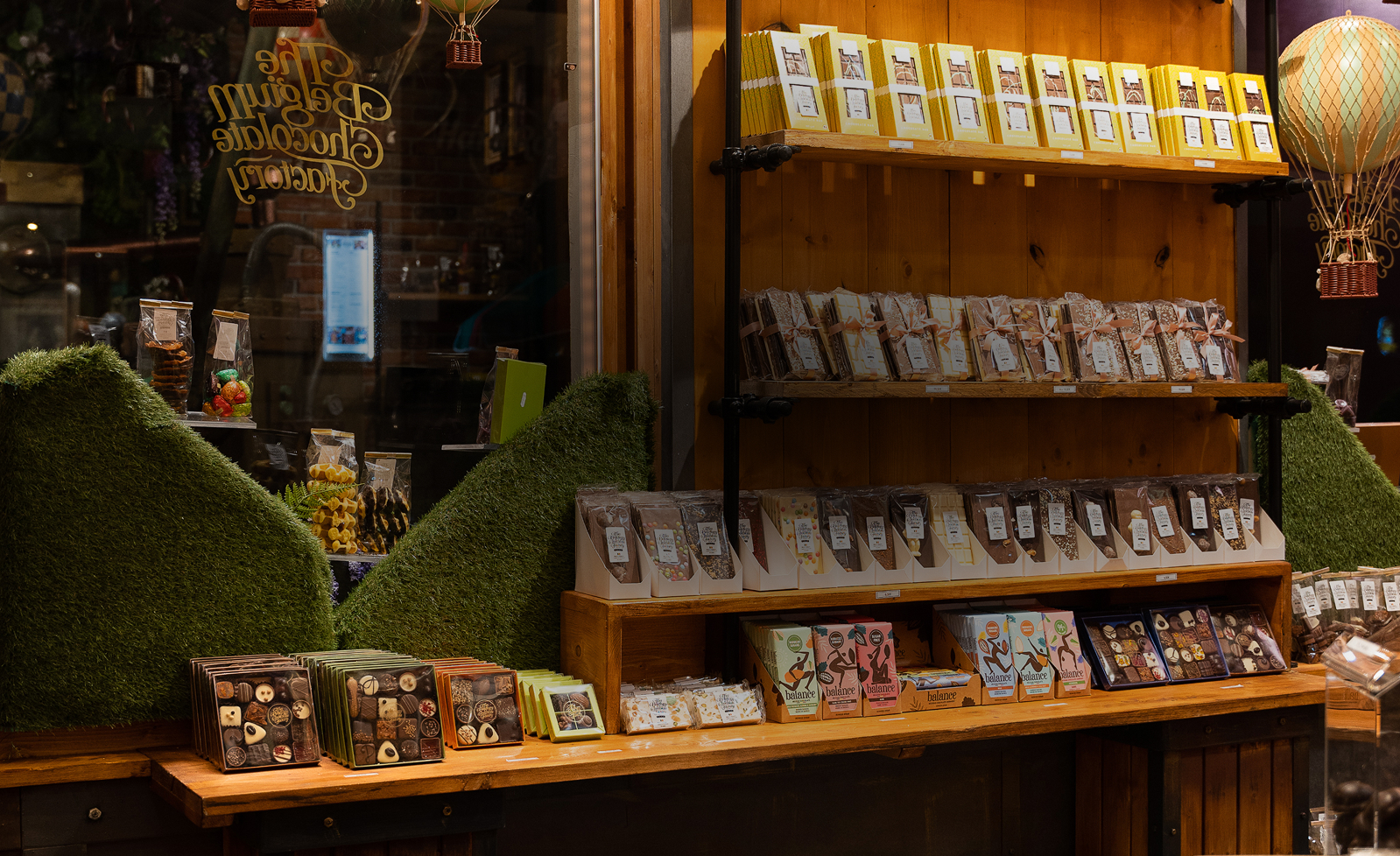 The Belgian Chocolate Factory storefront and chocolates